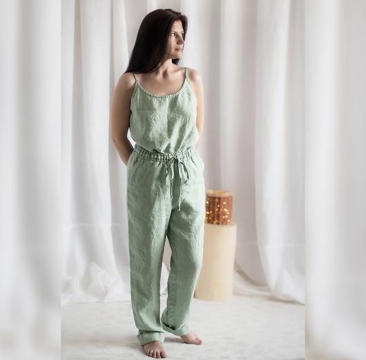 spodnie materiałowe damskie Lniany zestaw: spodnie + top / naturalny len