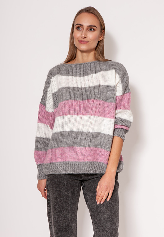 swetry damskie  Oversize'owy sweter w paski - SWE299 szary/róż/ecru MKM