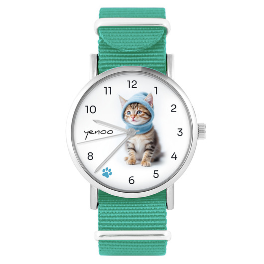 zegarki damskie Zegarek - Kotek - turkusowy, nylonowy