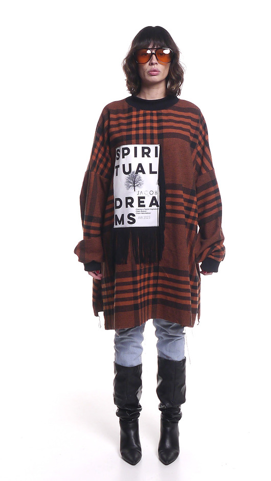bluza bez kaptura damska Tunika unisex z nadrukiem SD i frędzlami