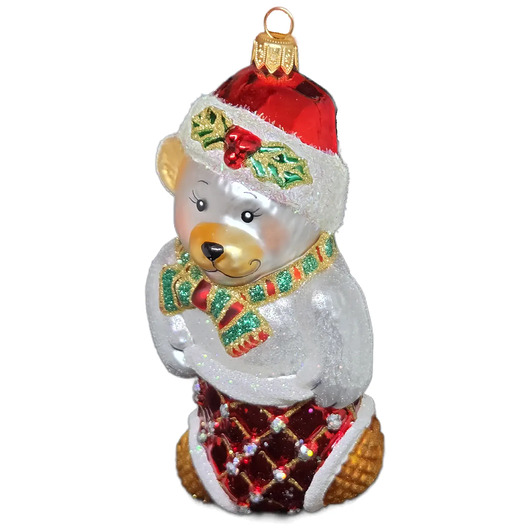 bombki Ręcznie malowana szklana bombka biały miś w czerwonej skarpecie