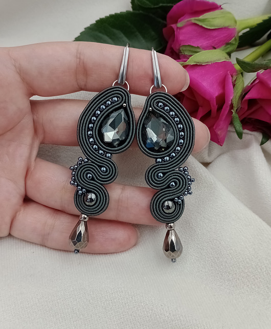 kolczyki soutache Długie kolczyki soutache na wesele, grafitowe kolczyki