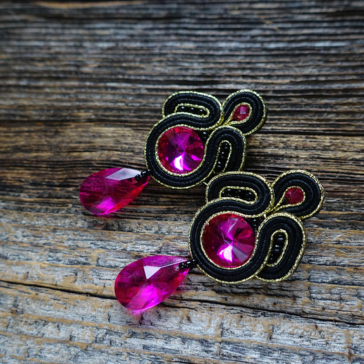 kolczyki soutache Róż, czerń i złoto-  kolczyki soutache