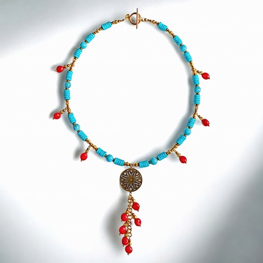 naszyjniki - inne UNIKATOWY naszyjnik : INDIA : turkus, czerwień złoto