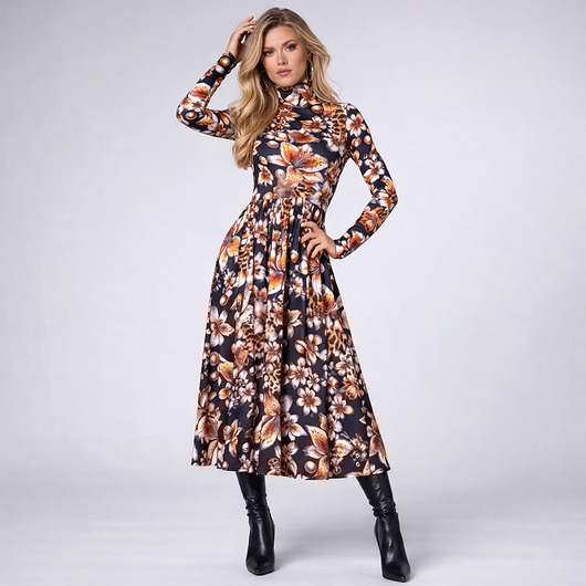 sukienki maxi damskie Rozkloszowana sukienka z golfem