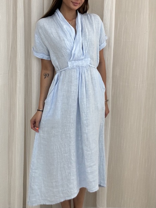 sukienki midi damskie Lniana sukienka Blu