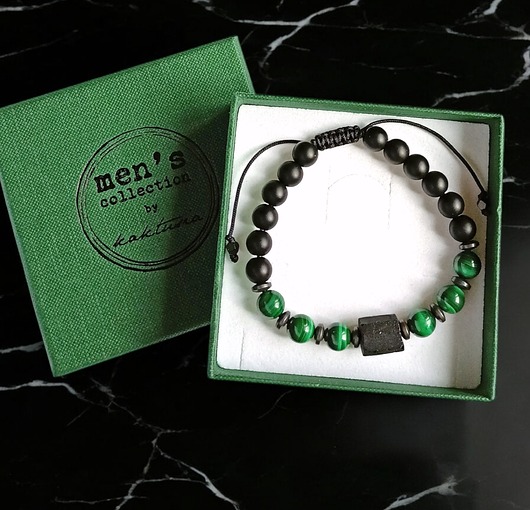 biżuteria męska OCHRONA, MIŁOŚĆ, ODWAGA - malachit, turmalin, onyks - bransoletka regulowana