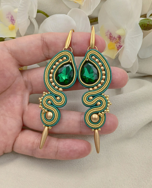 kolczyki soutache Długie kolczyki sutasz na wesele, szmaragdowe kolczyki