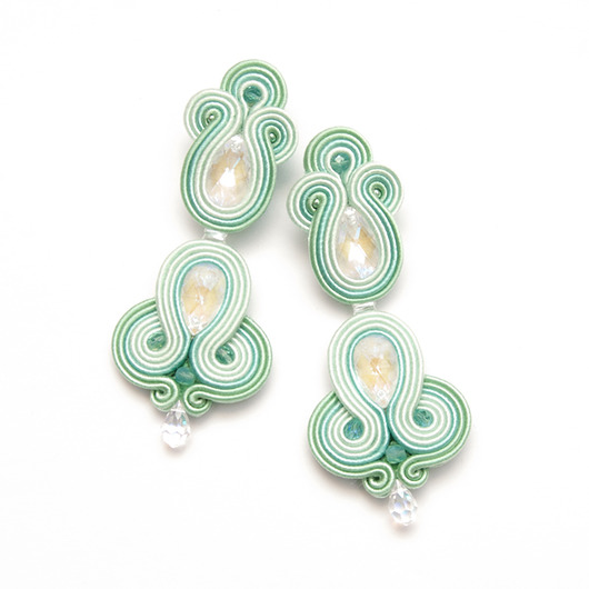 Kolczyki soutache - ślubne, kryształ Swarovski, miętowe maanuela