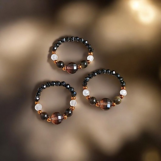 pierścionki elastyczne OCHRONA : pierścionek - turmalin, obsydian, kwarc dymny, kryształ górski