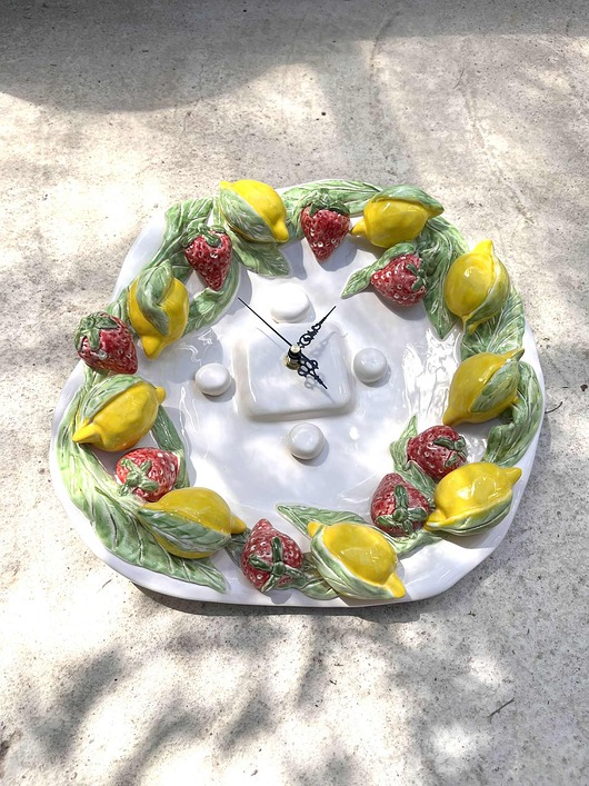zegary Duży ceramiczny zegar ścienny z cytrynami kuchnia śródziemnomorska