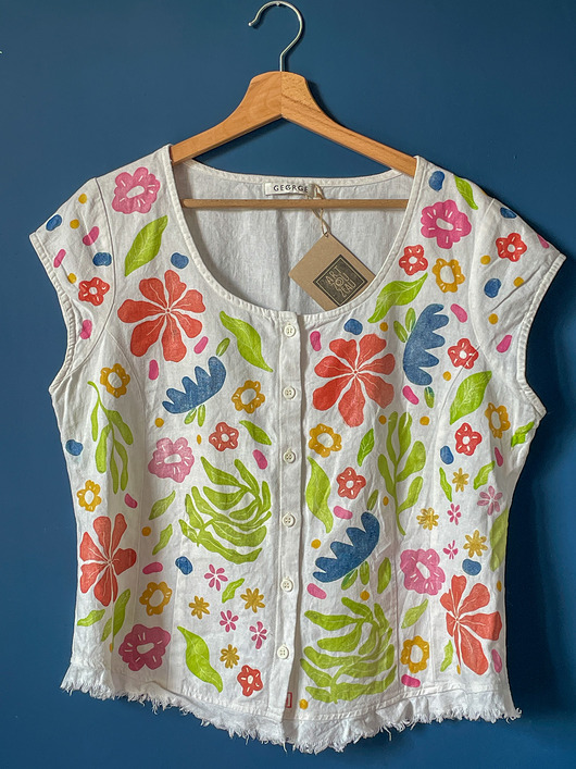 topy damskie Ręcznie stemplowana lniana bluzka boho XXL, unikatowy nadruk w kwiaty