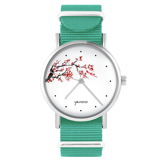 zegarki damskie Zegarek - Kwiat wiśni - turkusowy, nylonowy