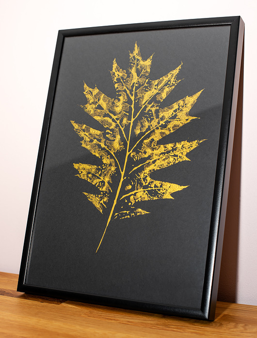 obrazy Obrazek. Plakat botaniczny. Monoprint. Złoty Liść Dąb ramka Alu A4
