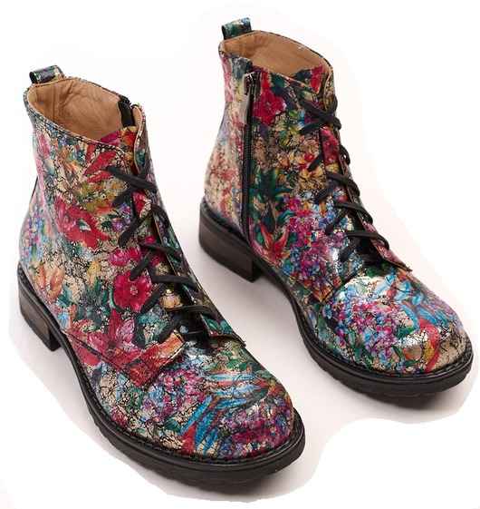 botki damskie Botki skórzane - suwak + sznurówki - kwiaty  (6380)