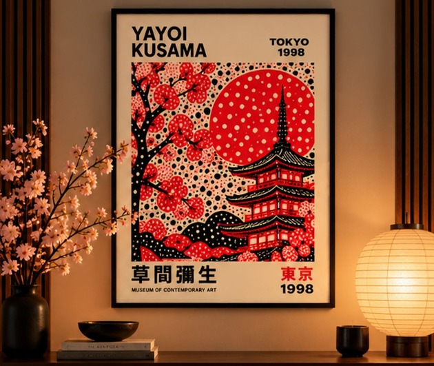 plakaty PLAKAT dekoracyjny, pagoda Yayoi Kusama, sakura poster