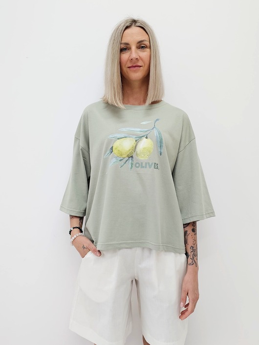t-shirt damskie Bawełniana bluzka z oliwkami o luźnym kroju z rękawem 3/4