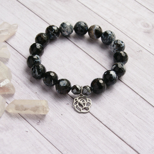 bransoletki z kamieni naturalnych Róża : stal szlachetna : agat czarny 12mm