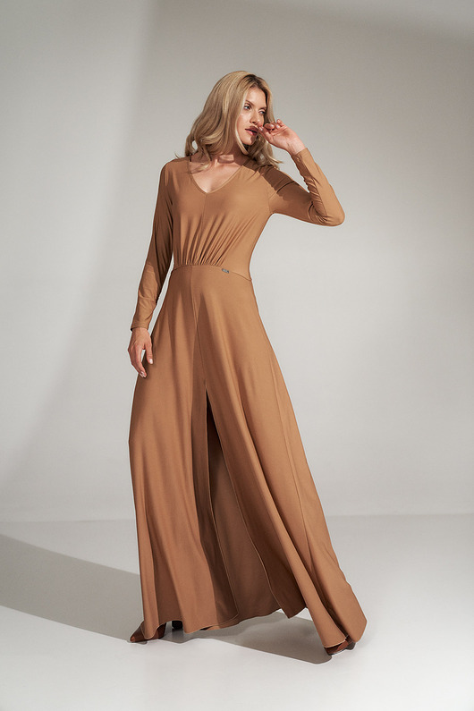 sukienki maxi damskie Elegancka długa sukienka z dekoltem w V i długim rękawem - M727