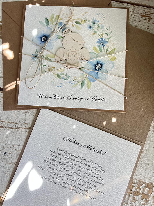 kartki, zaproszenia na chrzest Wyjątkowa ręcznie robiona kartka na chrzest i roczek jednocześnie