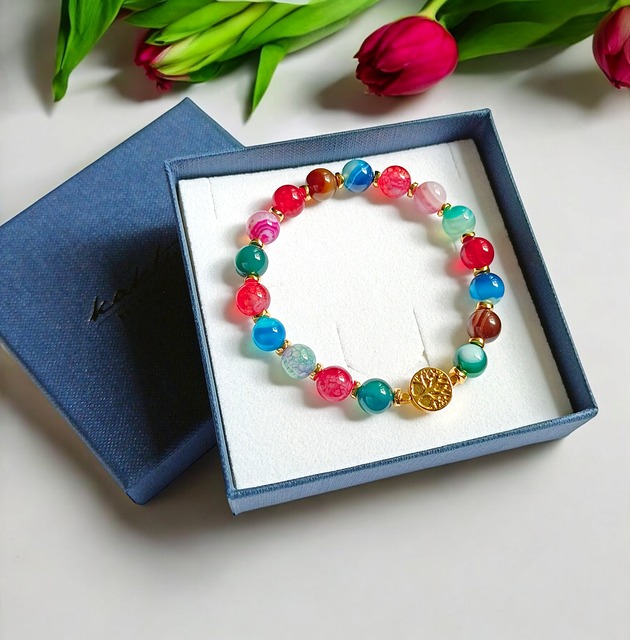 bransoletki z kamieni naturalnych Drzewo życia : agat multicolor & hematyt złoty