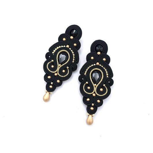 kolczyki soutache Kolczyki sutasz czarne ze złotem "Olia" wieczorowe długie z kryształkami