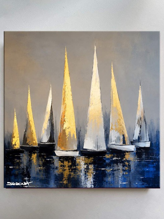 obrazy SZCZĘŚLIWE JACHTY - unikat obraz ręcznie malowany akryl 120x120cm
