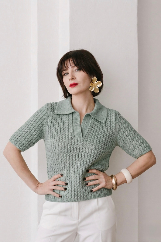 swetry damskie  Bawełniany sweter Polo ze splotem warkoczowym, szałwia