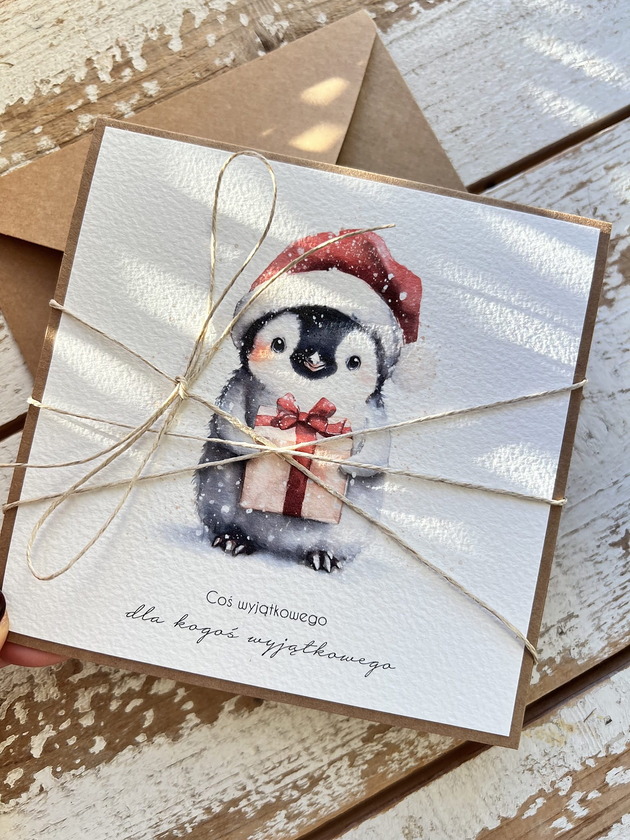 kartki świąteczne Kartka świąteczna ręcznie robiona na Boże Narodzenie z pingwinkiem 2