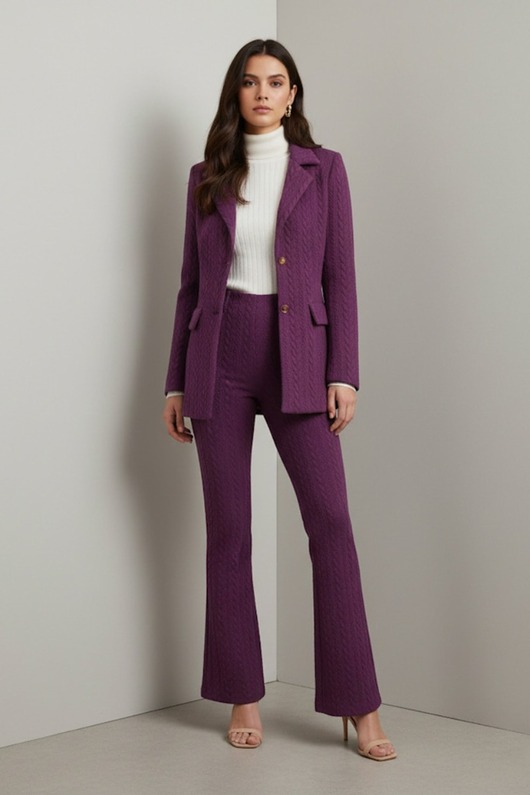 komplety damskie Śliwkowy garnitur z wzorem warkocza