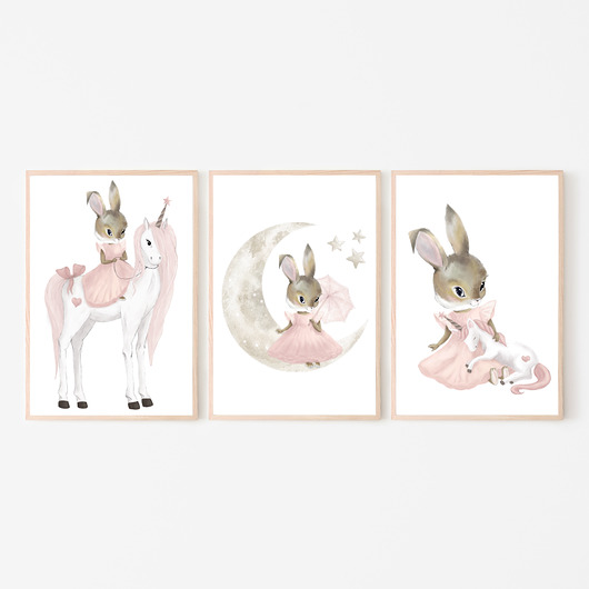 Plakat obrazek pastelowy króliczek unicorn 3 szt. Dekoracjan