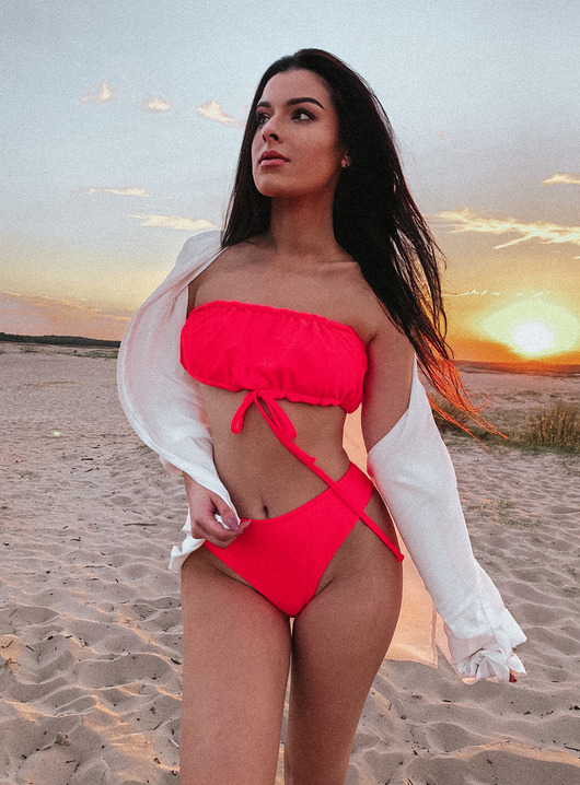 stroje kąpielowe i kostiumy kąpielowe damskie Komplet bikini koralowy top bandeau z wiązaniem Manila