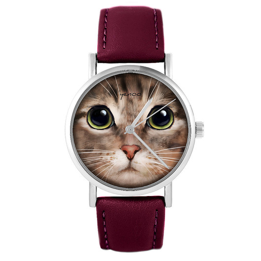 zegarki damskie Zegarek - Kot tygrysek - skórzany, burgund