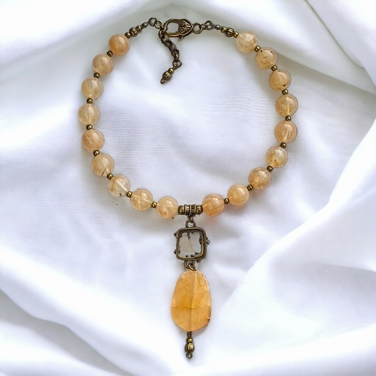 bransoletki z kamieni naturalnych UNIKATOWY naszyjnik : agat, kwarc kawowy : stare złoto