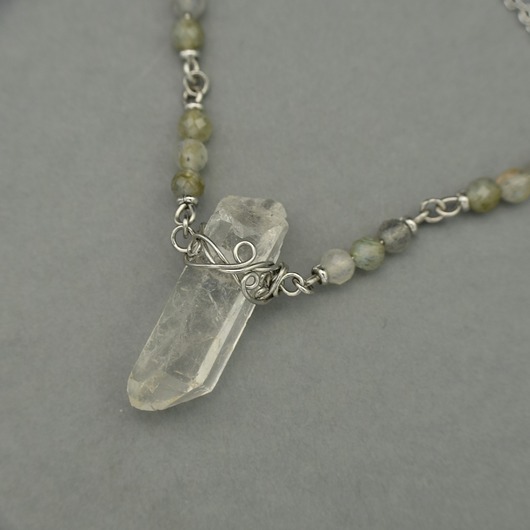 naszyjniki - inne Naszyjnik Talizman kryształ górski i labradoryty wire wrapping