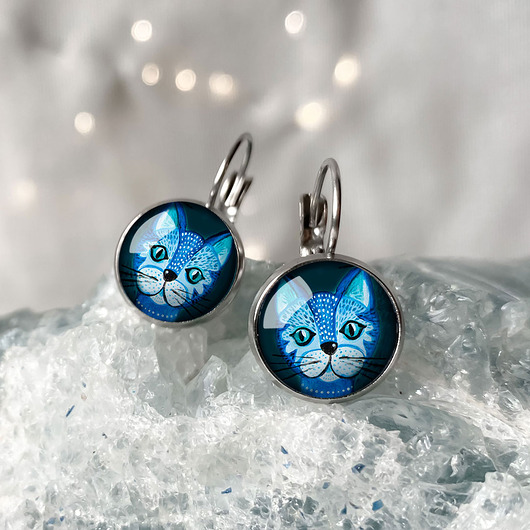 kolczyki szklane Blue cat kolczyki wiszące na imieniny