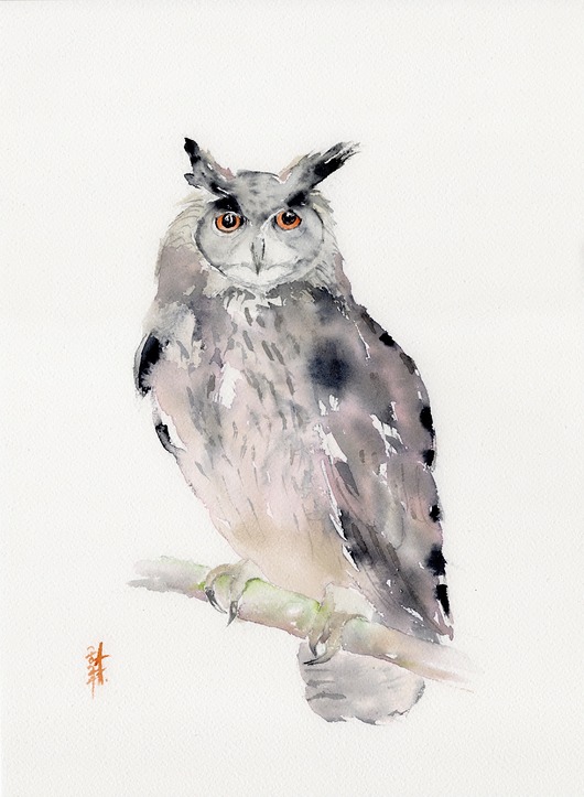 obrazy Oryginalna akwarela. Puchacz