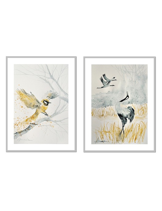 obrazy Ptaki, żurawie, oryginalne akwarele obrazy ręcznie malowane, dyptyk