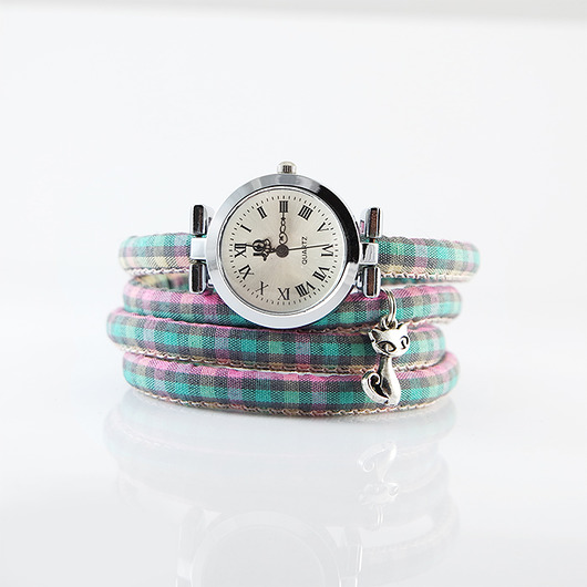 zegarki damskie Zegarek, bransoletka - Kot - krata pastelowa