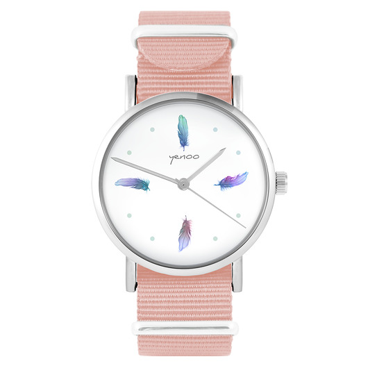 zegarki damskie Zegarek - Turkusowe piórka - brzoskwiniowy róż