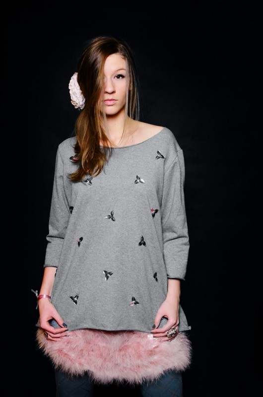 BLUZA SZARA KAMIENIE- handmade - oversize Pudrowy Różowy