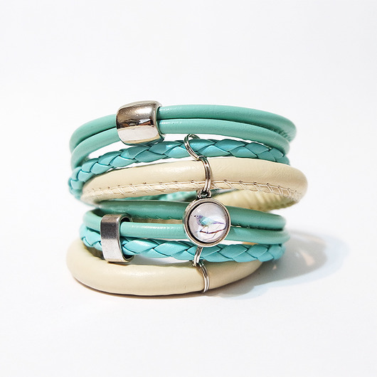 bransoletki ze szkła Bransoletka - Turkusowy ptaszek - rzemienie