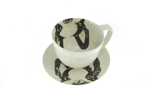Kubek i spodek -seria z buldożkiem czarno-białym Viola Ceramics Studio