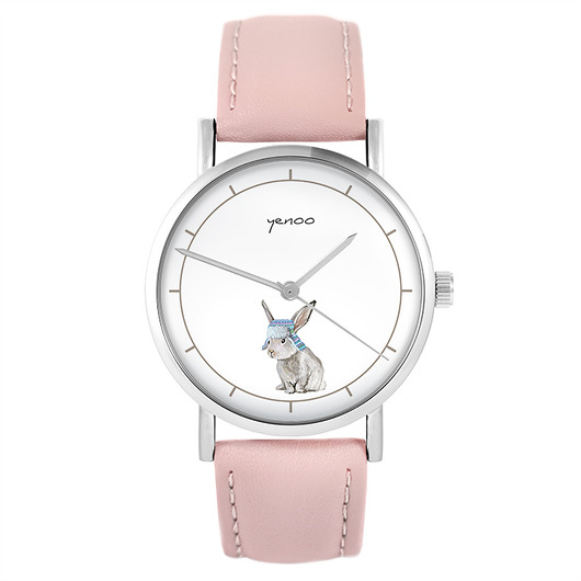 zegarki damskie Zegarek yenoo - Zając - skóra, pudrowy róż