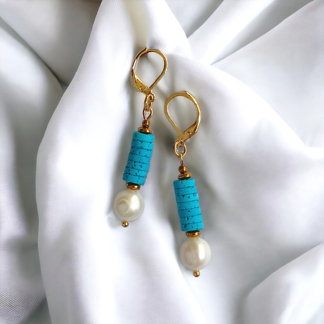 kolczyki z kamieniami Kolczyki: kolekcja summer ocean: PERŁY & LAWA turkusowa