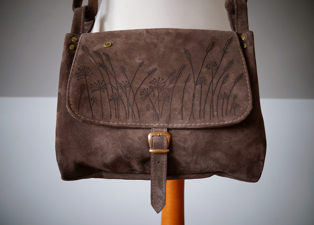 torby na ramię SUROWA BARONOWA Motyw Suche Trawy Torebka  Skóra Naturalna Bury Brąz