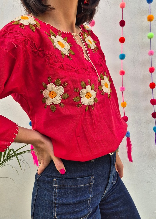 t-shirt damskie Bluzka ręcznie haftowana CAMA Czerwona kwiaty ONE SIZE