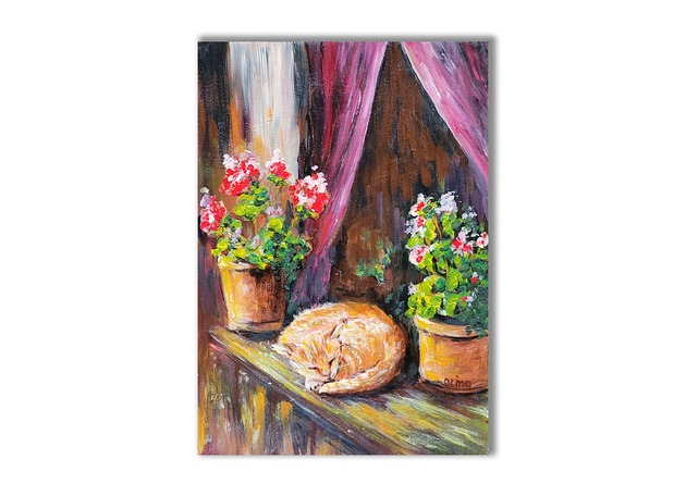 grafiki i ilustracje Kotek i pelargonia. Obraz ręcznie malowany.