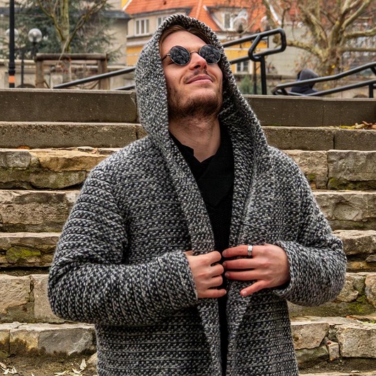 swetry męskie Męski Szary Ciepły Wełniany Kardigan Z Kapturem. Świetny Prezent Dla Niego.