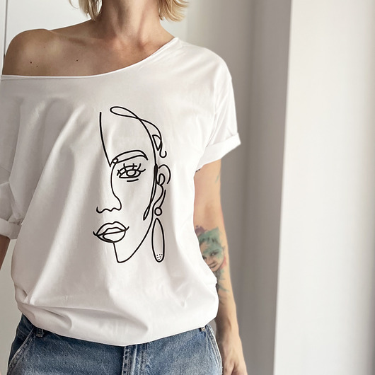 t-shirt damskie Lineart twarz Biały Oversize